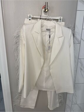 WHY White Feather-Trim Blazer and Pants Set
